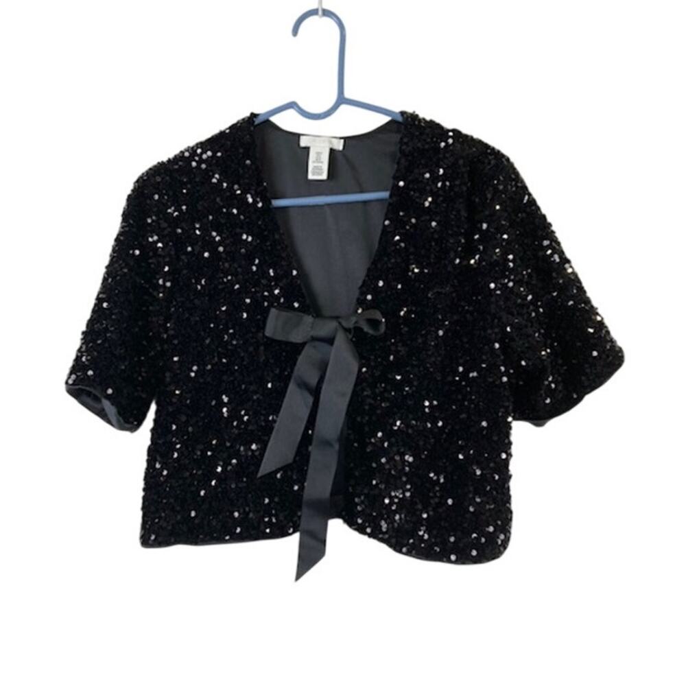 H&M women's edition holiday black sequined mesh jacket.